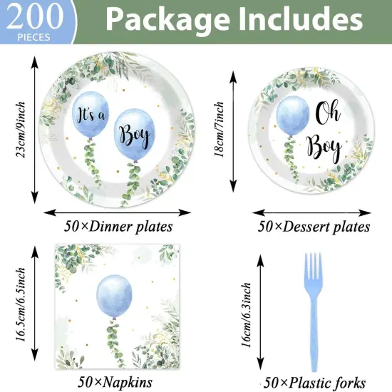 200-Piece Oh Boy Blue Balloon & Eucalyptus Baby Shower Tableware Set {2}