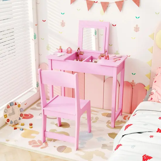 MDF Vanity Table and Chair Set with Acrylic Mirror and Storage Pink {3}