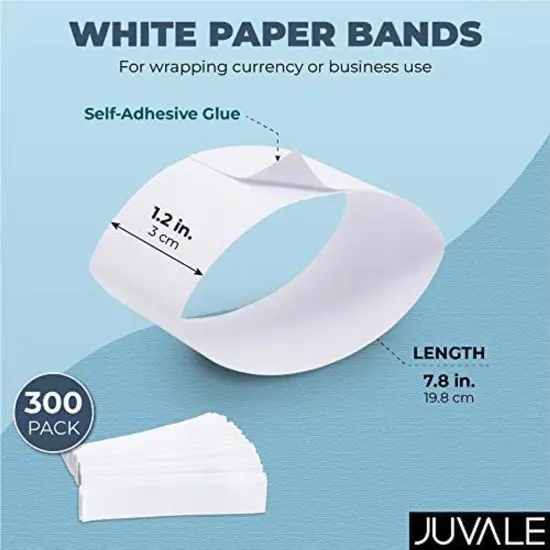 300-Pack Money Bands for Cash, Blank Self-Adhesive Currency Straps, Bill Wrappers (White, 7.8x1.2 In) {6}