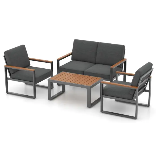 4 Piece Patio Furniture Set with Wood-Plastic Armrests and Aluminum Frame Ideal for Outdoor Use {1}