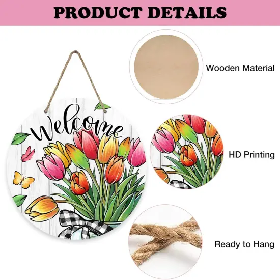 Summer Tulip Flowers Front Door Sign, Floral Butterfly Mason Jar Wood Door Hanger Outdoor Outside Porch Decor, Seasonal Farmhouse Wooden Wreath Indoor Wall Hanging Decoration {3}