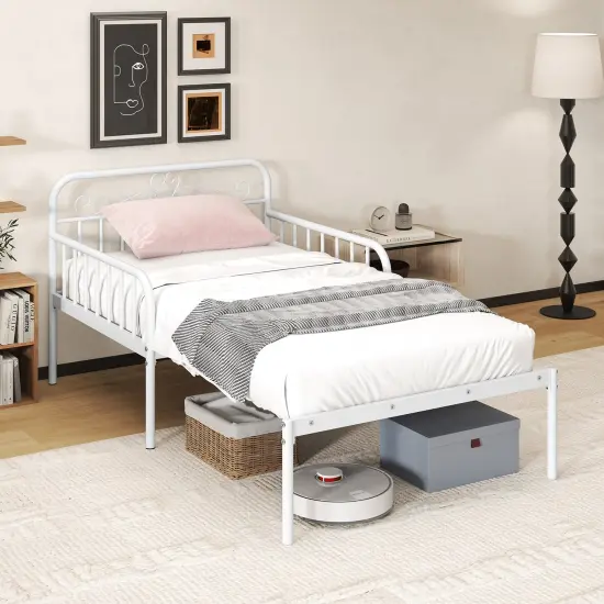 Twin Size Extendable Metal Daybed with Guardrails and Armrests White {6}