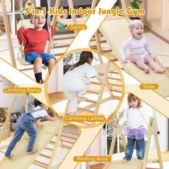 Natural Wood 5-in-1 Jungle Gym with Swing, Slide, Climbing Ramp and Foldable Design {5}
