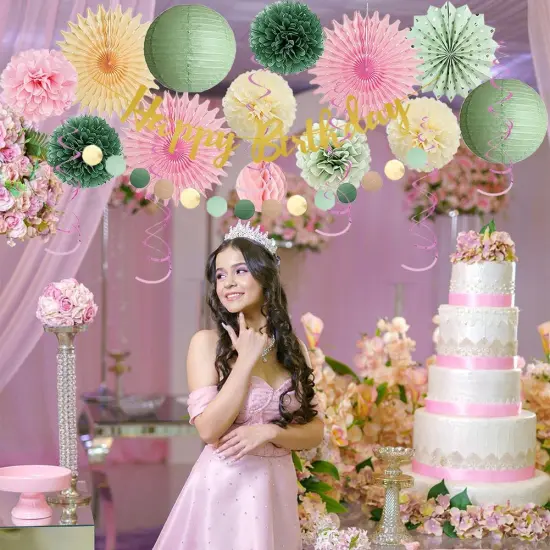 Sage Green and Pink Birthday Decorations for Women Cream Light Pink Paper Fans Tissue Paper Pom Poms Olive Green and Pink Birthday Decorations with Happy Birthday Banner Gold for Girls {3}