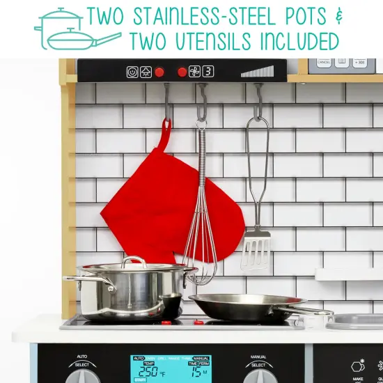 Lil' Jumbl Small Wooden Pretend Play Kitchen Set for Kids with Stovetop, Oven, and Interactive Features Natural {5}