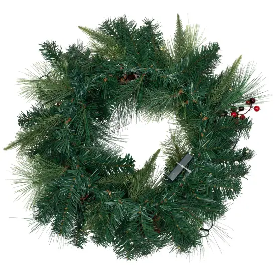 Northlight Pre-Lit Battery Operated Mixed Pine and Berries Christmas Wreath - 24" - Warm White LED Lights Green {7}