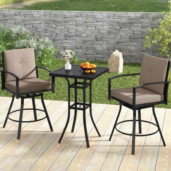 3 Pieces Patio Swivel Bar Set Included Square Table and 2 Stools With Metal Frame and Umbrella Hole {2}