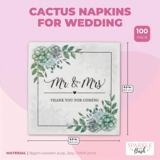Succulent Floral Mr. and Mrs. Paper Napkins for Wedding (6.5 x 6.5 x 0.01 inches, 100 Pack) White {2}