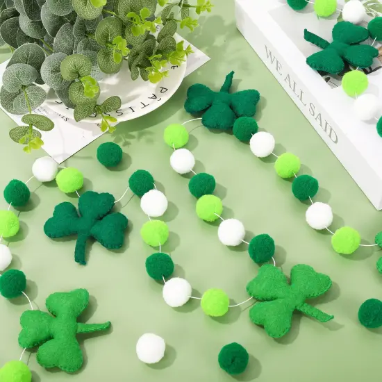 Whaline 8.2Ft St. Patrick's Day Felt Pom Pom Banner Lucky Shamrock Garland Green White Pom Ball Clover Decorative Irish Hanging Bunting Garland for St. Patrick's Day Home Mantel Wall Decor {6}