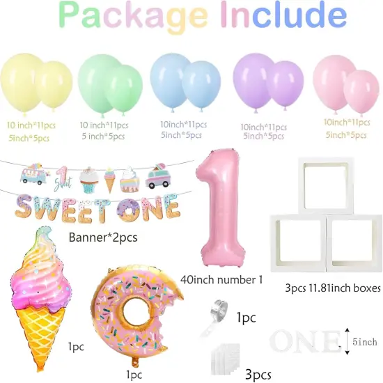 Sweet One Birthday Party Decorations, First Birthday Decorations For Girl With Pastel Balloons, 40inch Pink 1 Balloon, Sweet One Banner,O-N-E Box And Ice Cream Donuts Balloons for Party {4}