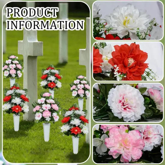Artificial Cemetery Flowers, Spring Memorial Bouquet with Vase, Outdoor Grave Flowers Decorations, Artificial Dahlia Bouquet for Graveyard, Headstone Decoration, Set of 4 {4}