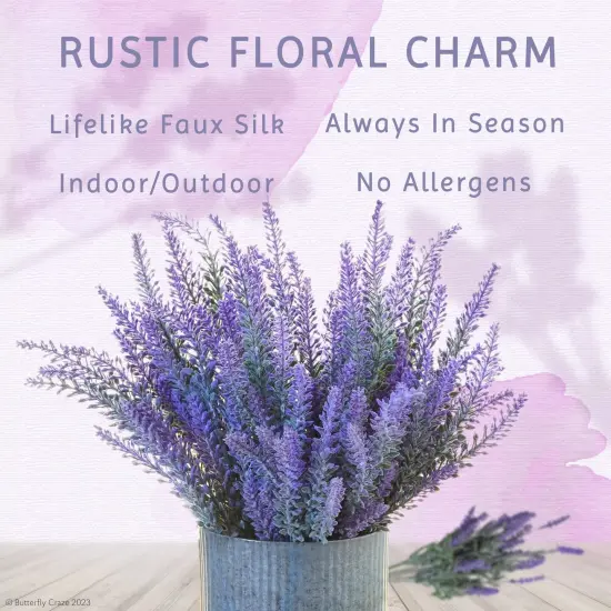 Butterfly Craze Lifelike Artificial Lavender Plants - Perfect for Crafting, Home Decor, and Weddings, Pair with Fake/Dried Flowers like Purple Roses, Nearly Natural Faux Silk Flowers, 8-Piece Bundle {4}