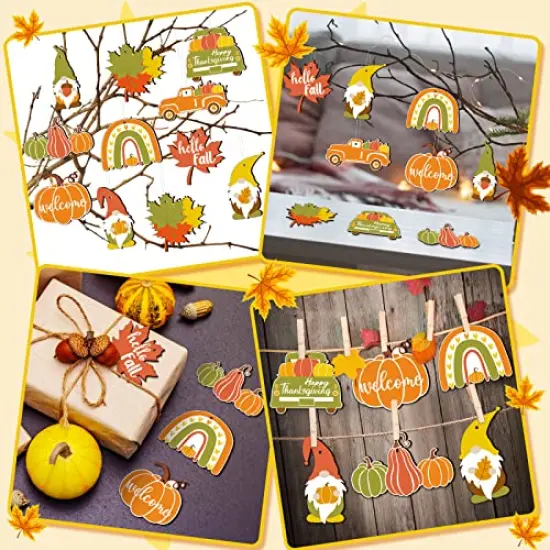 30 Pieces Fall Thanksgiving Wood Ornaments Autumn Pumpkin Gnome Leaf Truck Cutouts Happy Thanksgiving Ornaments Small Welcome Hello Fall Tree Hanging Sign Decorations (Fresh Style) {3}