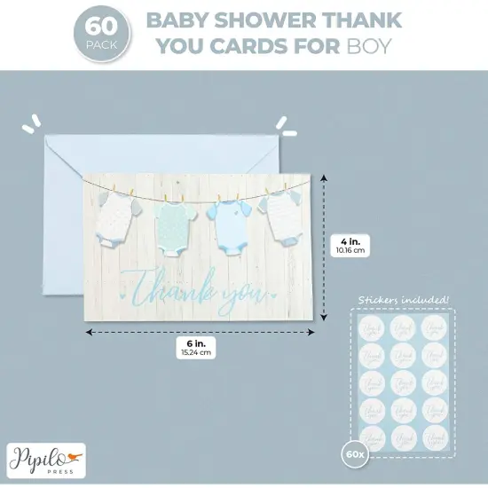 60 Pack Baby Shower Thank You Cards with Blue Envelopes for Boy, 4x6 inch with Clothesline Design and Includes 60 Cute Stickers for Appreciation {4}