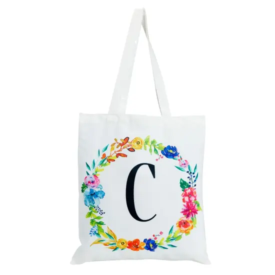 Set of 2 Reusable Monogram Letter C Personalized Canvas Tote Bags for Women, Floral Design (29 Inches) White {5}