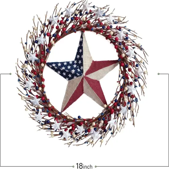 8" Patriotic Wreath with Burlap Flag Star Artificial 4th of July for Wall Decor {3}