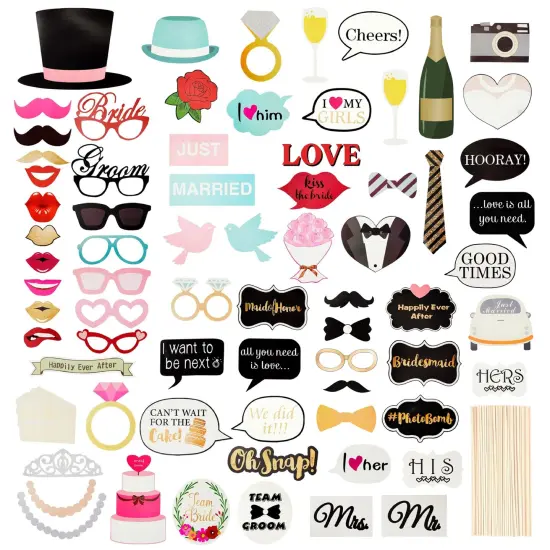 72 Pieces Wedding Photo Booth Props for Bridal Shower, Bachelorette Party, Photobooth Selfies, with Sticks and Stickers Multicolor {1}