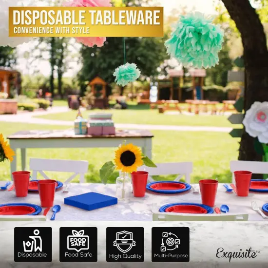 Exquisite 350 Pcs Plastic Plates for Party &ndash; Disposable Plates Set &ndash; 50 Each of 9" Dinner Plates, 7" Dessert Plates, Plastic Cups, Napkins & Plastic Cutlery &ndash; Plastic Dinnerware by Party Solids Red White & Blue {5}