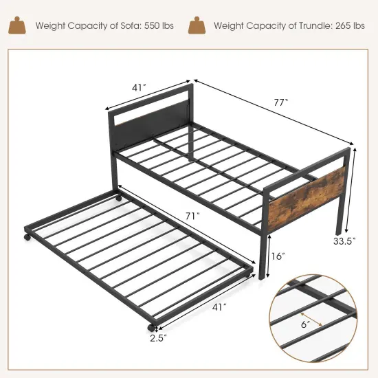 Metal Twin Metal Daybed with Trundle, Space-Saving and Industrial Style {5}