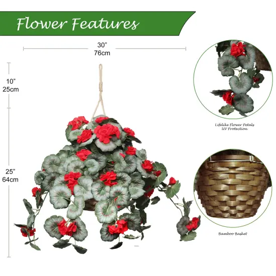 25" Red Hanging Geranium Basket &ndash; Lush Silk Flowers for Indoor & Outdoor Home D&eacute;cor {4}