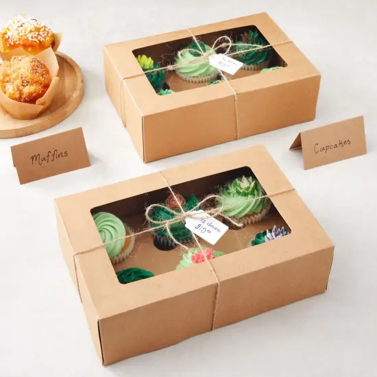 24 Pack 6 Count Cupcake Boxes with Windows - To Go Containers for Bakery, Desserts, Muffins (Kraft Paper, 9.4x6.2x2.9 In) Brown {2}