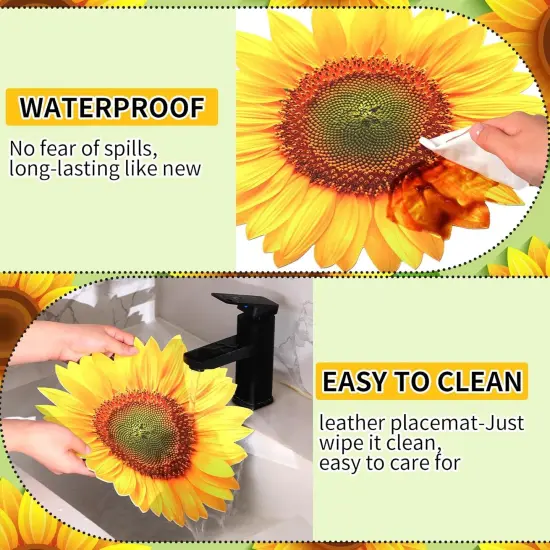 Leather Summer Sunflower Placemats Set of 6 Sunflower Shape Table Mat Washable Summer Floral Place Mats for Spring Tables Home Kitchen Dining Indoor Outdoor Party Gift Harvest Decoration {3}