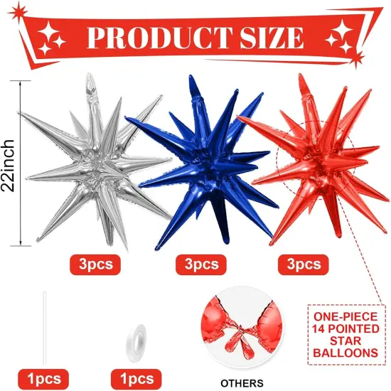 Red Blue Silver Star Balloons,9Pcs Red Blue White Explosion Star Foil Balloons,22Inch Spike Cone Star Helium Mylar Balloons for Birthday Anniversary Baby Shower 4th of July Disco Party Decorations {2}