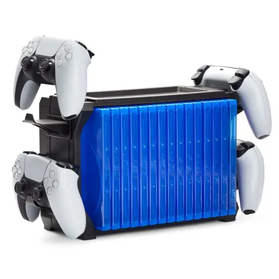 Video Game Storage Stand for Blu-Ray and Game Cases, Fits 4 Controllers, Holds 15 Cases (Black) Blue {1}