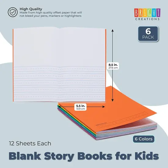 6 Pack of Blank Books for Kids to Write Stories, Make your Own Comic, Journal, or Book, Paperback (6 Colors, 12 Sheets/24 Pages, 5.5x8.5 in) White {2}