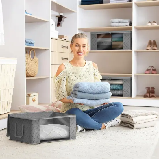 Sorbus Medium Clothes Storage Bag 1 Pack, Blanket Organizater Bin with Window, Lids, and Handles Gray {3}