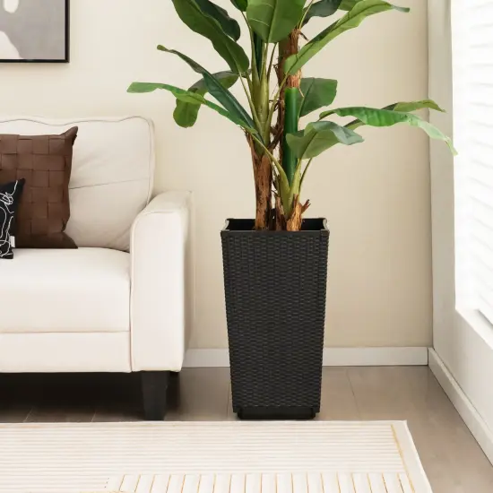 Wicker Planter Set of 2 with Self-Watering System and Weather-Resistant PP Material Black {2}