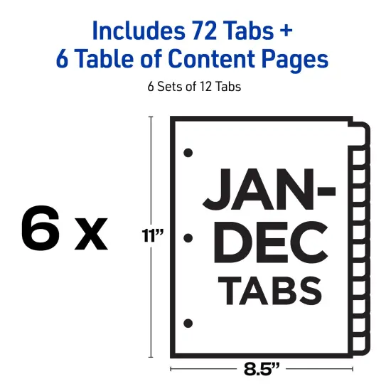 Avery Jan-Dec Dividers for 3 Ring Binders, 12 Tabs per Set, Customizable Table of Contents, Classic White Tabs (6 Sets of 11826) {4}