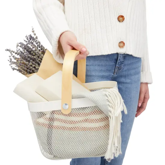 4 Pack Square Metal Mesh Fruit Basket with Wooden Handle for Kitchen, Pantry Storage and Organization (9.5 x 7 In, White) {5}