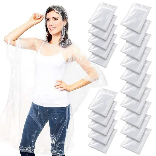 Juvale 20-Pack Disposable Rain Ponchos with Hood for Adults, Lightweight Emergency Plastic Poncho for Outdoor Events, Travel, Camping, Hiking, and Festivals, Clear {1}