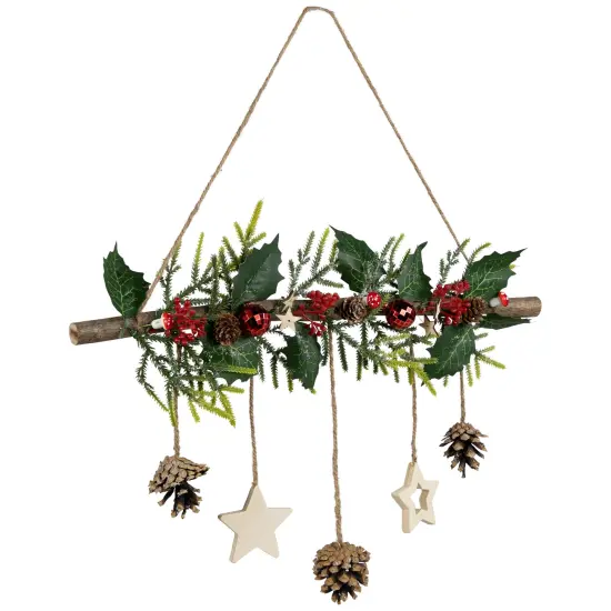 Northlight Holly Branch with Stars and Pinecones Christmas Wall Decoration - 20.75" - Red Green {1}