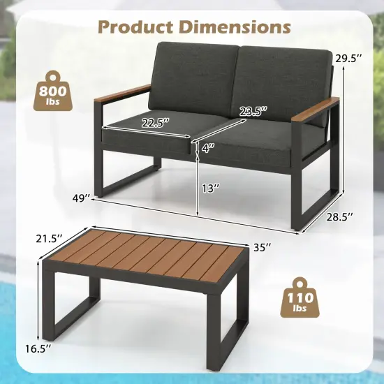 2 Piece Patio Aluminum Furniture Set with Wood-Plastic Armrests and Rectangular Coffee Table {5}