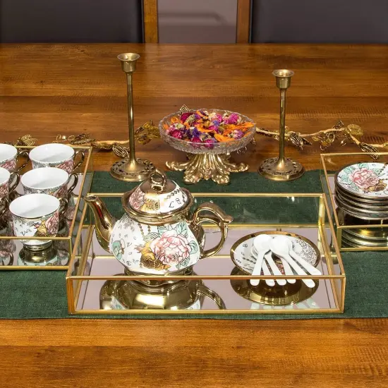 Set of 3 Gold Mirror Vanity Tray for Perfume, Makeup Display, Decorative Rectangle Glass Jewelry Organizer for Bathroom, Dresser (3 Sizes) {5}