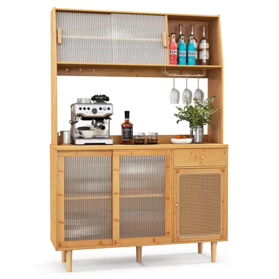 69 Inch Wine Bar Kitchen Cabinet with Sliding Tempered Glass and Rattan Door-Natural {4}