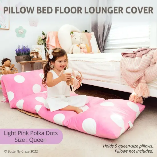 Butterfly Craze Floor Pillow Case, Mattress Bed Lounger Cover, Polka Pink, Queen Size - Cozy Seating Solution for Kids 3-14, Recliner Cushion, Perfect for Reading, TV Time (Pillow Not Included) {3}