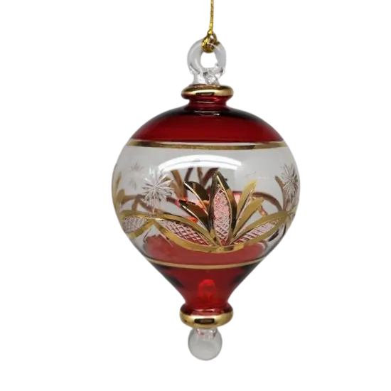 Etched Gold Teardrop Blown Glass Ornament - Red {2}