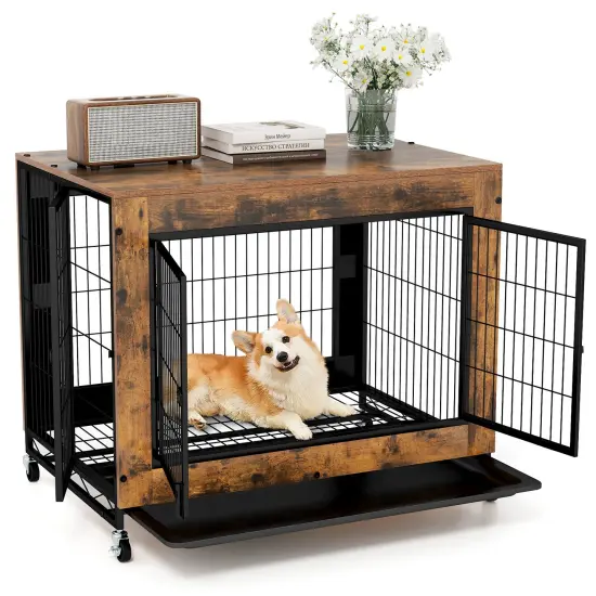 Rustic Brown Flip-up Top Dog Kennel with Removable Tray and 3 Lockable Doors {4}