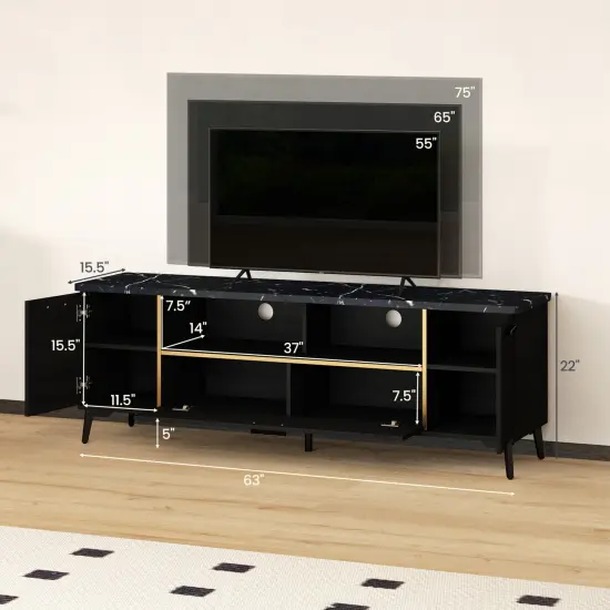 Black Faux Marble TV Stand with Gold Edges, Storage Cabinets and Adjustable Shelves {4}