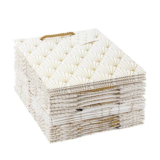 16-Pack Medium White and Gold Gift Bags with Handles & Tags for Weddings Baby Bridal Showers Birthday Party Favors, 4 Geometric Foil Designs (8 x 10 x 4.5 Inch) {7}