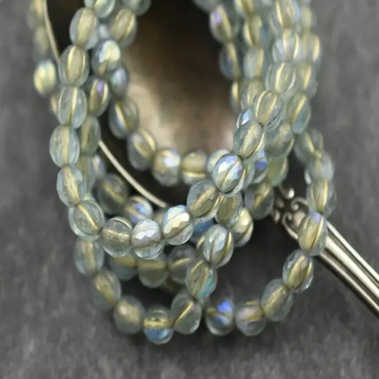 *25* 6mm Gold Washed Matte Blue Aqua AB Faceted Round Melon Beads {4}