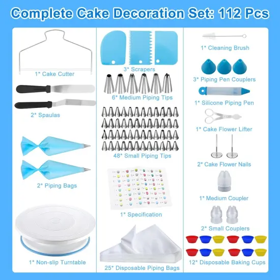 112Pcs Cake Decorating Supplies Kit, Included Cake Turntable, Cake Leveler, 54 Numbered Icing Piping Tips, 2 Spatulas, 3 Scraper, 30+2 Piping Bags, Mother's Day Gift Ideas {2}
