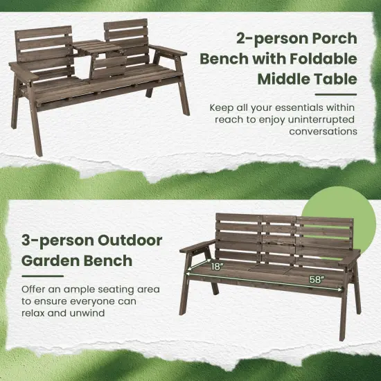 Coffee Wooden Outdoor Bench with Foldable Middle Table Ideal for 2-3 People {6}