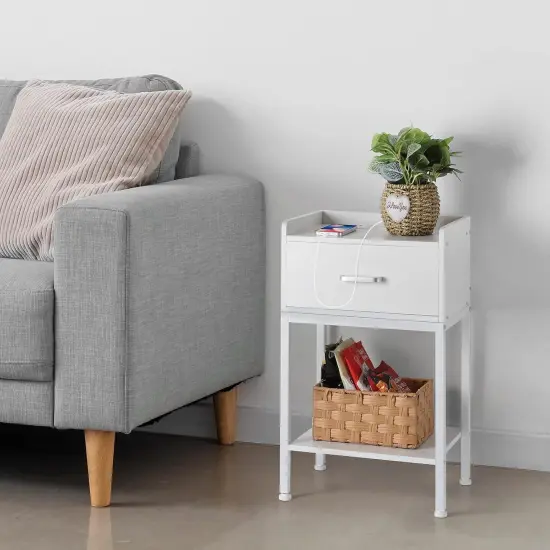 Nightstand with Charging Station & Storage Drawer, Retro Bedside Table with USB Ports, AC Outlets, and Adjustable Feet - Compact Bedside Cabinet for Small Spaces (23.6" H) {1}
