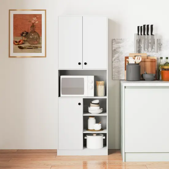Kitchen Pantry Storage Cabinet with Microwave Stand and Open Shelves-White {2}