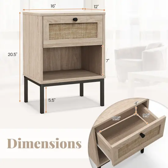 Rattan Nightstand Boho End Table with Rattan Drawer and Open Shelf Set of 2-Oak {5}