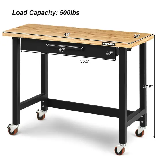 48-inch Wicker and Iron Workbench with 500 lbs Capacity and Smooth-Rolling Wheels {5}